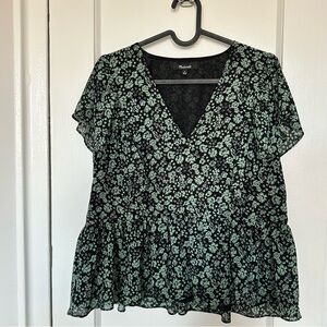 Madewell Black and Green Floral Blouse